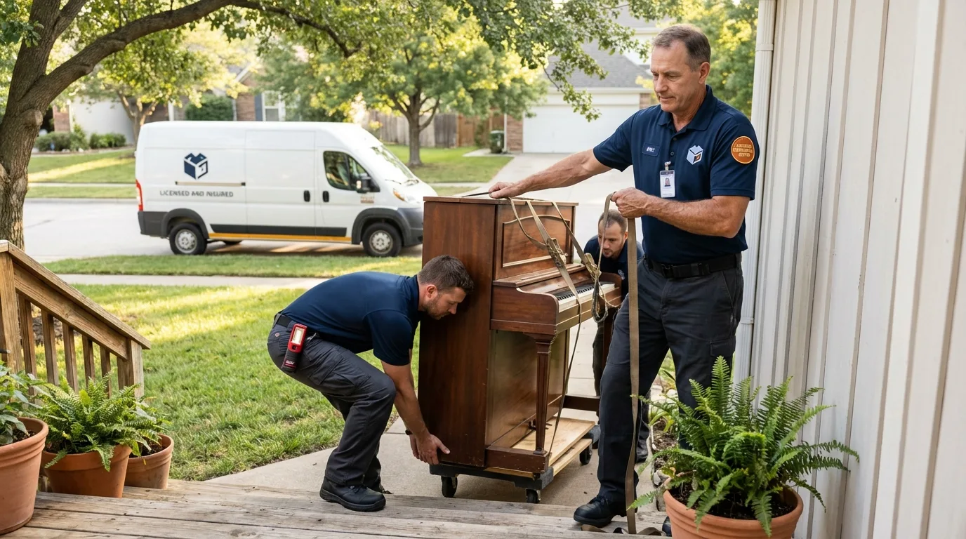 Licensed piano movers securing grand piano in Westwego, LA