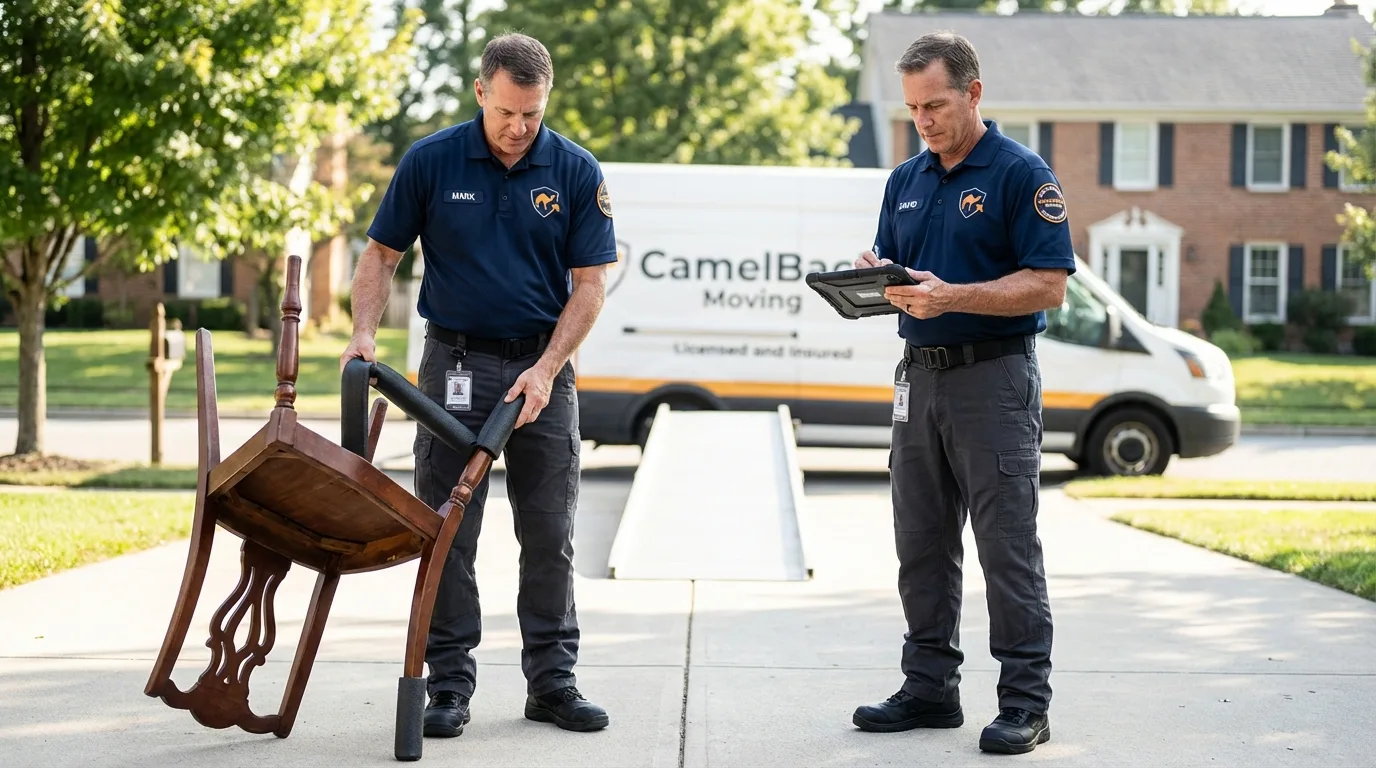 Movers inspecting furniture for damage prevention before loading in Westwego, LA