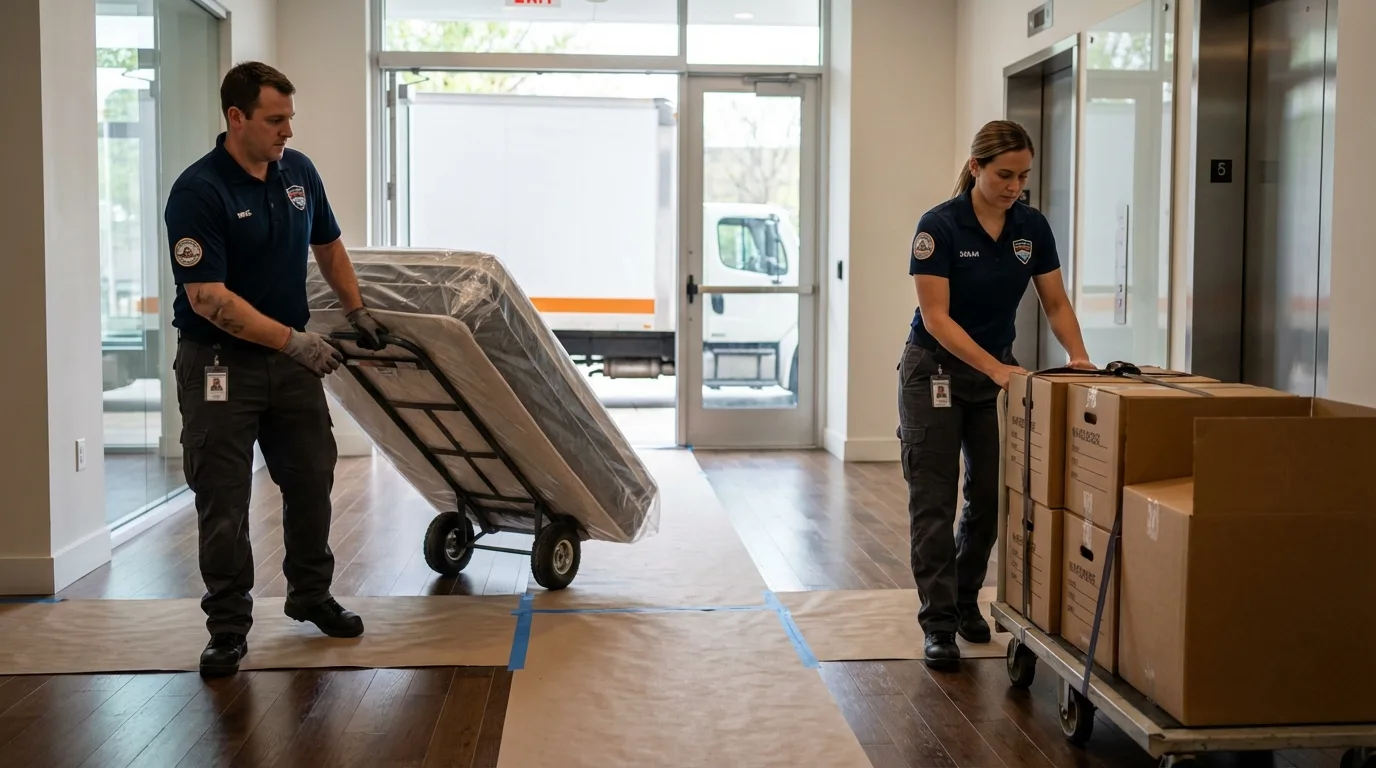 Professional apartment movers loading elevator in Westwego, LA