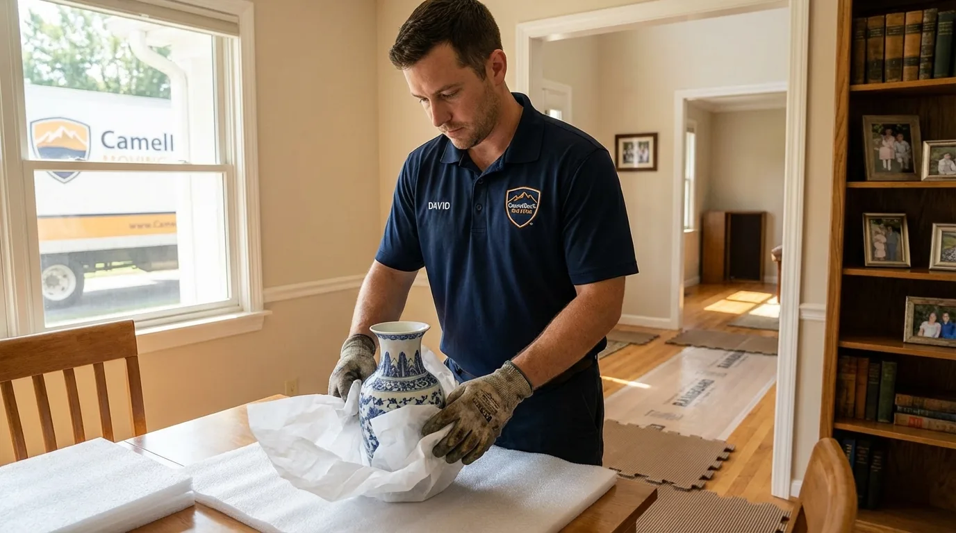 Professional crew carefully wrapping antique vase for senior downsizing move in Westwego, LA